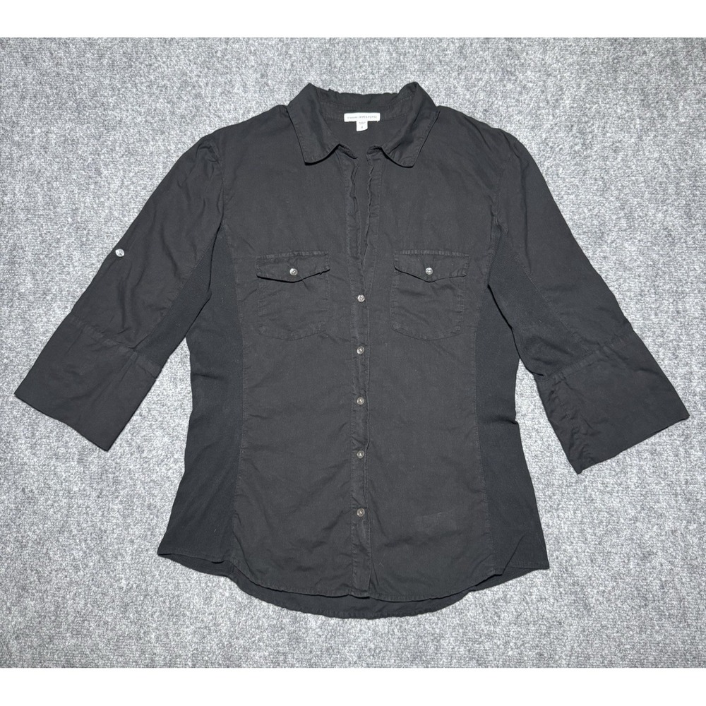 James Perse Women Ribbed Panel Surplus Button Up Shirt Top Black Sz 4 Large
